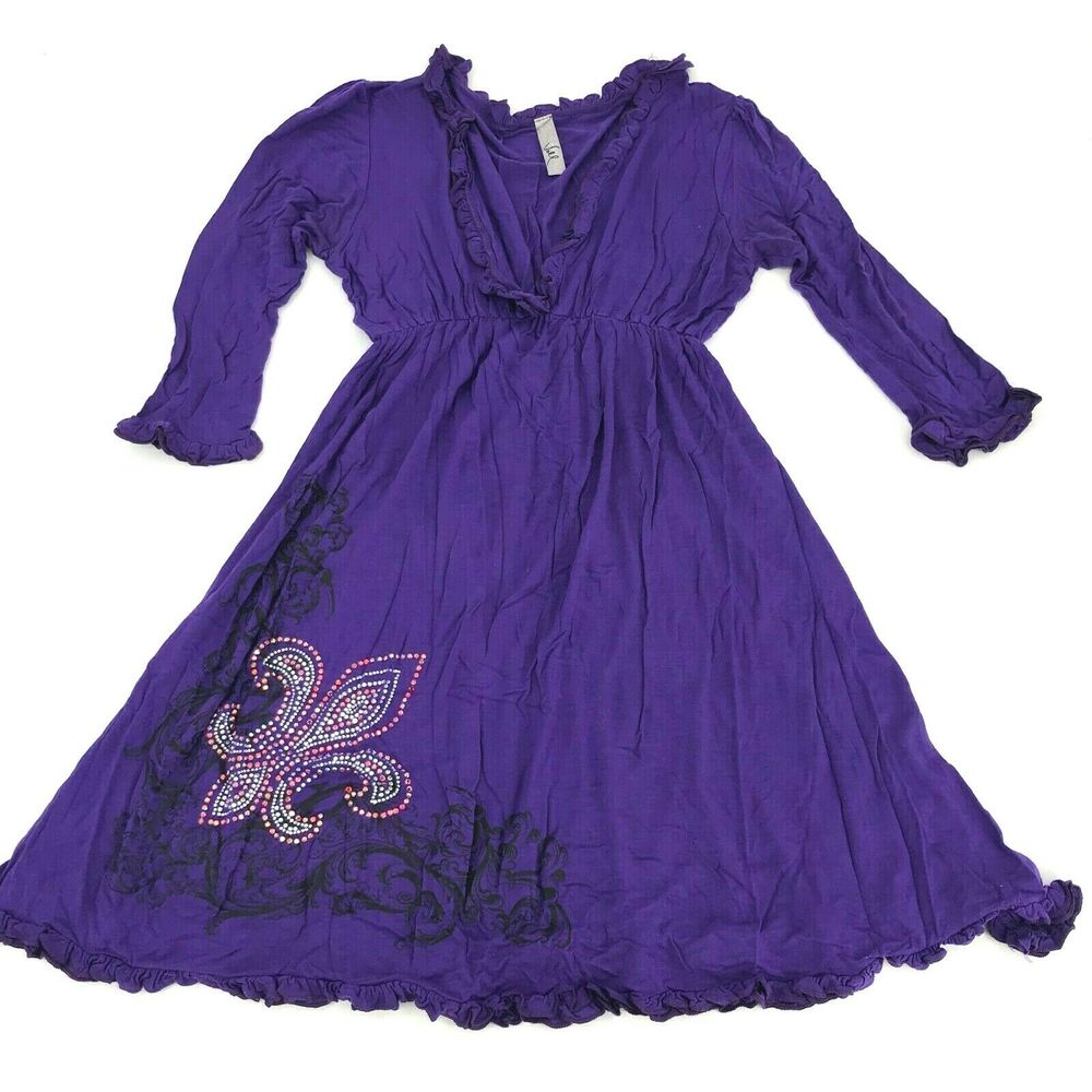 Voll Women's Mini Dress Embroidered Rhinestone Ruffle Purple Sz S